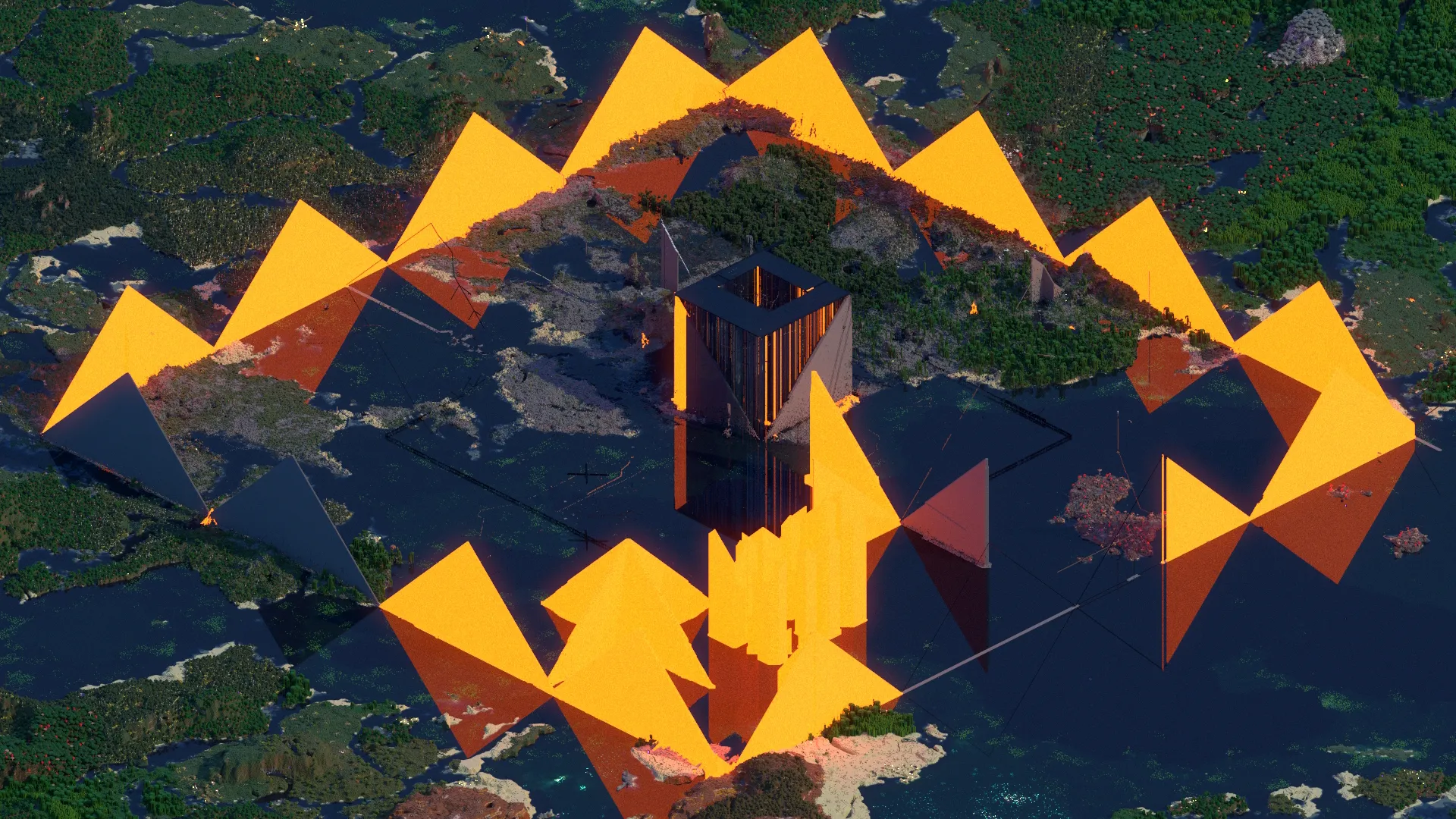 Glowing pyramid ring over a flooded voxel world on 2p1j.org